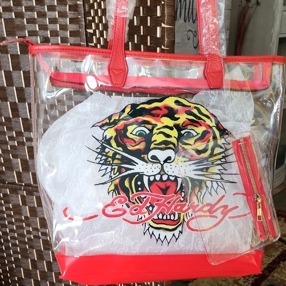 Ed Hardy Red & Clear PVC/ Tiger Graphic Tote Bag/ NWT/ Zip Top/Shoulder Handles - Picture 6 of 7